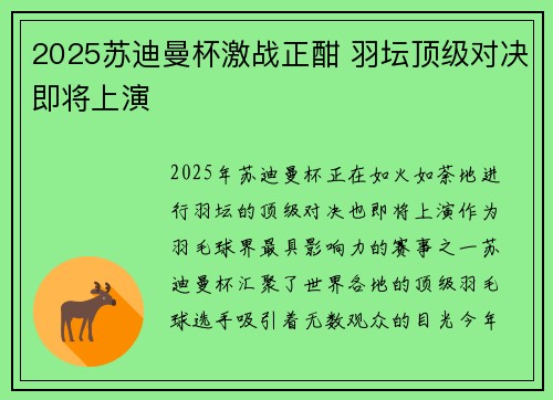 2025苏迪曼杯激战正酣 羽坛顶级对决即将上演