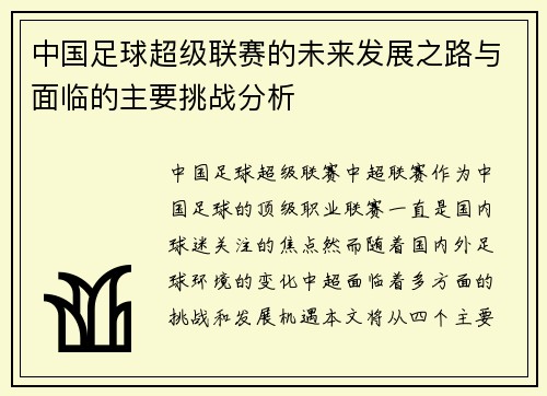 中国足球超级联赛的未来发展之路与面临的主要挑战分析