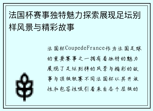 法国杯赛事独特魅力探索展现足坛别样风景与精彩故事