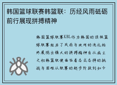 韩国篮球联赛韩篮联：历经风雨砥砺前行展现拼搏精神
